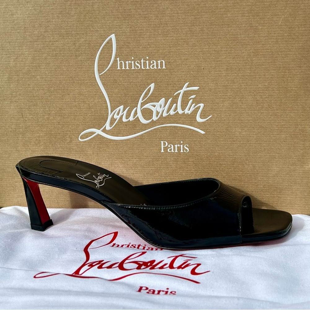 CHRISTIAN LOUBOUTIN CONDORA MULE 55 BLACK PAT. LEATHER SANDAL MID HEEL 37.5 NEW - Picture 4 of 16